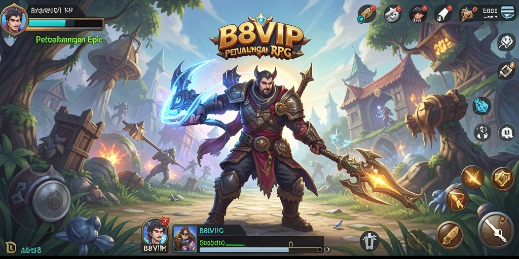 Tangkapan layar gameplay B8VIP menampilkan pertempuran epic dan dunia yang indah.