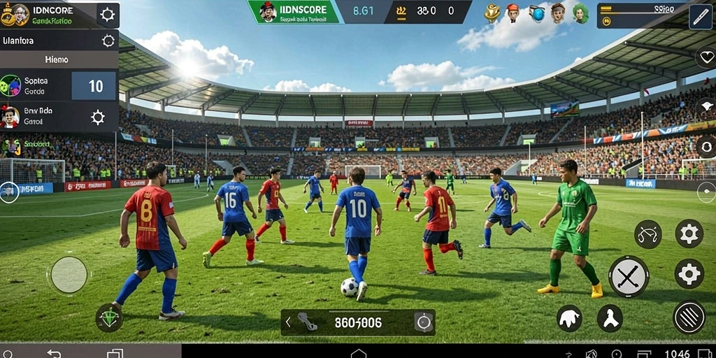 Tangkapan layar utama IDNSCORE menampilkan aksi pertandingan sepak bola yang seru.