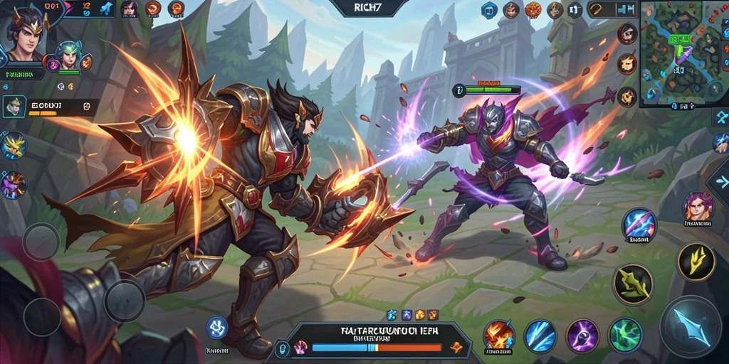 Tampilan gameplay seru RICH7 di medan tempur MOBA.