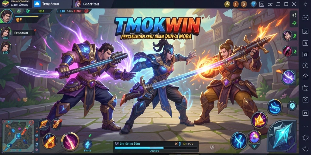 Screenshot TMOKWIN menunjukkan pertempuran strategis yang mengasyikkan dalam arena MOBA.